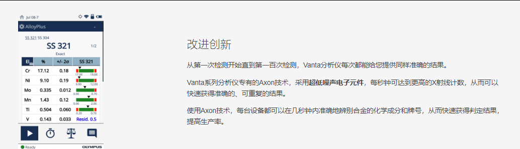 改进创新 从第一次检测开始直到第一百次检测，Vanta分析仪每次都能给您提供同样准确的结果。  Vanta系列分析仪专有的Axon技术，采用超低噪声电子元件，每秒钟可达到更高的X射线计数，从而可以快速获得准确的、可重复的结果。  使用Axon技术，每台设备都可以在几秒钟内准确地辨别合金的化学成分和牌号，从而快速获得判定结果，提高生产率。